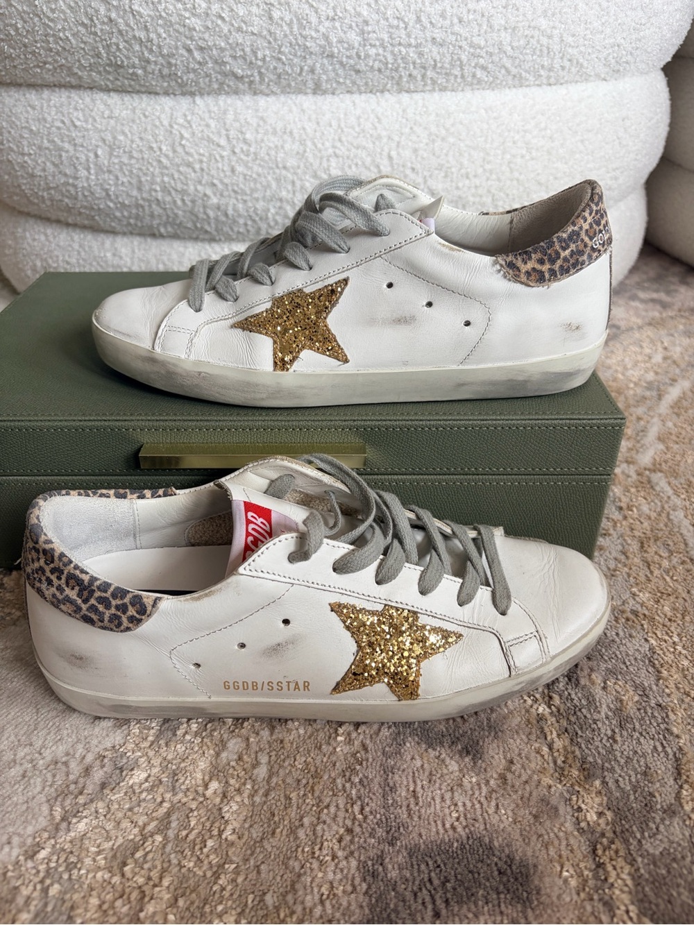 Golden Goose White Sneakers with Gold Glitter Star & Leopard Heel